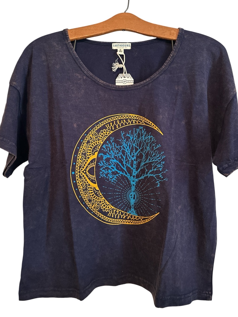 EARTHBOUND Navy Short-Sleeve Tee with Gold Crescent & Blue Tree NWT